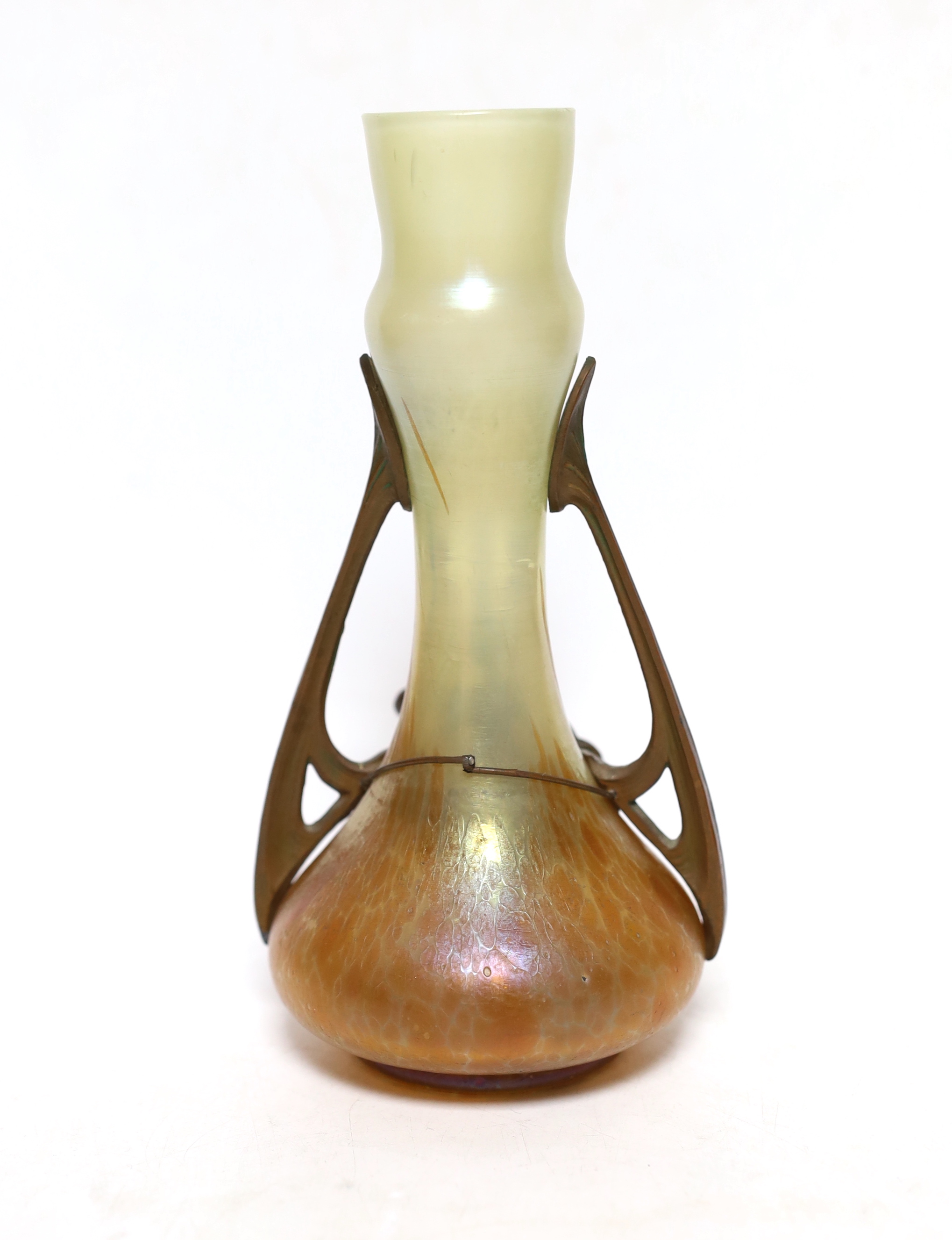 An Art Nouveau glass vase with bronze ‘cherub’ mount, 21cm